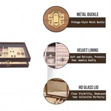 Small Wooden Ring And Earring Organizer Box Case Display Case With HD Glass Lid Velvet Lining Organizer For Women Rings Earrings Bracelets Brooches Compact Size Jewelry Box For Traveling - 紫丁香色 - 查看 6