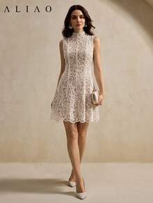 Aliao 华丽佩斯利刺绣网纱拼接透视连衣裙，适合婚礼季、情人节、派对活动、复古风、宫廷风，吸睛单品，优雅日常穿着，春夏皆宜。 - 杏色 - 查看 4