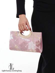Sac de soirée de luxe pour femme avec fleurs et sequins, sac de mariage, de fête ou de bal de promo avec poignée en cristal circulaire (motif aléatoire) - Rose bonbon - Voir 3