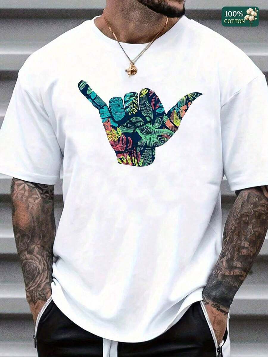 S100% Cotton Unisex Round Neck Short-Sleeve T-Shirt With Colorful Tropical Shaka Hand Graphic - Basic Tees For Summer Men's TopsSoft Fabric - 白色 - 查看 1