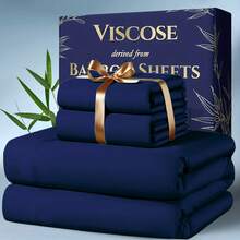 4pcs Bamboo Cooling Bedding - Extra Deep Pocket Breathable And Cooling - Suitable For Hot Sleepers And Sweats, Pillowcases, Flat Sheet And Fitted Sheet - A Perfect Gift For Family, Queen And King Sizes, Next Day Delivery - 藏蓝色 - 查看 7