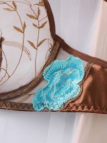 女士两件套蓝色花卉刺绣薄纱网眼钢圈文胸和丁字裤内衣套装 - 咖啡棕 - 查看 4