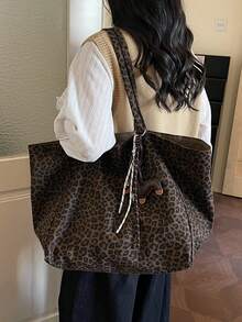 Stylish Leopard Print Tote Bag, Large Capacity Shoulder Bag, Perfect Underarm Bag For Commuting - Brown - View 8