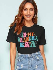 Grandma Shirts Women Grandmother Heart Printed Tshirt Floral Mama Casual Tee Mother Short Sleeve Top ShirtSoft Fabric,Fashion Plus Size Women's Clothing - 黑色 - 查看 4