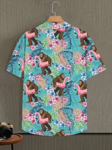 Pattern Shows A Cheerful Tropical Jungle Where Playful Gorillas Hold Bright Pink Flamingos Among  Leaves And Vivid Flowers 3D Printed Men's Short Sleeve Hawaiian Shirt Casual Button Up Beachwear - 白色 - 查看 3