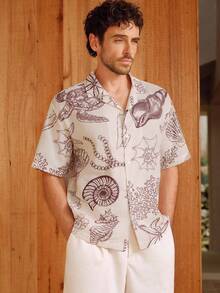 Ocean Life Pattern Featuring Seashells Coral Starfish And Seahorses Symbolizing Calm Coastal Energy 3D Print Men Short Sleeve Button Up Shirt Casual Beach Wear - 白色 - 查看 1