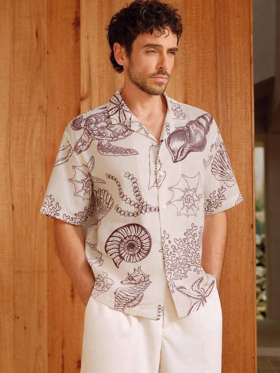 Ocean Life Pattern Featuring Seashells Coral Starfish And Seahorses Symbolizing Calm Coastal Energy 3D Print Men Short Sleeve Button Up Shirt Casual Beach Wear - 白色 - 查看 1