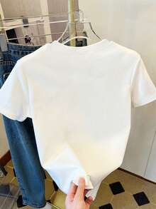 女士休闲可爱腊肠犬印花加大码长袖短袖T恤，高弹力，正常长度，夏季款 白色 - 白色 - 查看 2