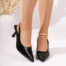 Giày cao gót mũi nhọn cài nút bằng da màu đen bóng, hở mũi, thời trang nữ Xuân/Hè 2026, kiểu dáng thanh lịch và thường ngày. - màu đen - Xem 9