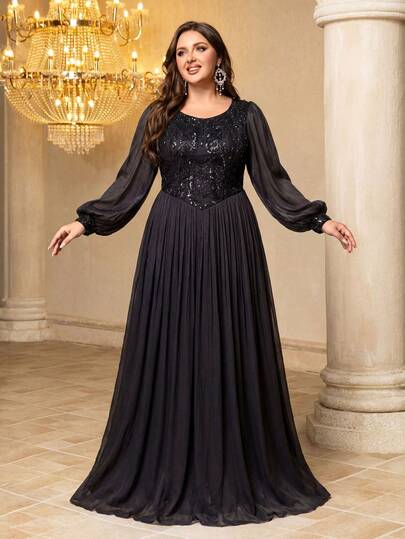  SUPGIR 大码女士 V 领不对称飘逸亮片拼接雪纺优雅修身晚礼服