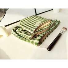 Nylon Checker Makeup Bag Set 3 with Compartment Cosmetic Toiletry Travel PouchPurse Accessory Organizer 3-Size Beige Green Plaid Canvas Lined - Juego de 3 compartimentos con cuadros verdes y beige - Ver 7