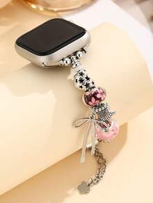 女士经典魅力腕表手链，配有串珠吊坠，蝴蝶结、爱心、樱花和海星造型，适用于 38/40/41/42/44/45/46/49mm，Ultra/SE/Series 11/10/9/8/7/6/5/4/3/2/1，夏季海滩饰品配饰，表带 - 粉色 - 查看 9