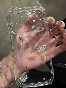 1pc Y2K Transparent Glitter Diamond Bow Phone Case, Suitable For IPhone 17 Pro Max 17 Pro Air 16 15 14 13 12 11 Pro Max Plus X XS XR 8 7, With Cartoon Cat Pendant, Soft Silicone Material - White Bow - View 2