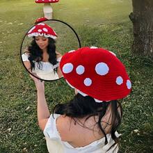 1 chiếc mũ len hình nấm dễ thương dành cho nữ, mũ beanie móc thủ công, kiểu dáng cổ tích Cô bé quàng khăn đỏ, ấm áp cho mùa thu/đông. - Đỏ - Xem 2