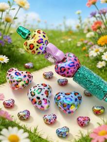 5/10/20/30/50pcs Multi-Color Fashionable Cute Leopard Print Heart Beads, Focal Beads Suitable For DIY Necklace, Bracelet, Earring, Keychain, Phone Strap, Decorative Pen, Couples Gift - Multicolor - View 2