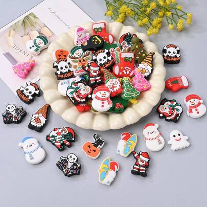 10pcs Holiday Silicone Beads, Christmas & Halloween 2D Flat Beads, DIY Creativity Bracelets Necklaces Bag Charms And Craft Projects