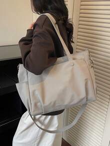 1pc Beige Soft Faux Leather Multi-Pocket Large Capacity Tote Bag, Suitable For Daily Commute - Multicolor - View 4