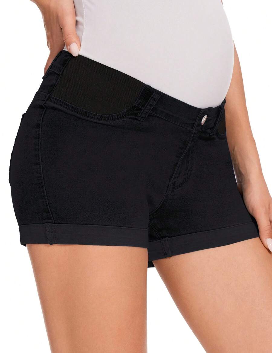 Fitglam Maternity Black Denim Shorts With Pockets And High Stretch Fabric Casual Style - 黑色 - 查看 1