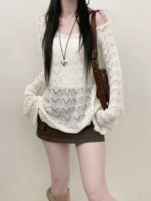 2026春秋新款露肩长袖针织衫，女士度假夏季款 - 杏色 - 查看 2