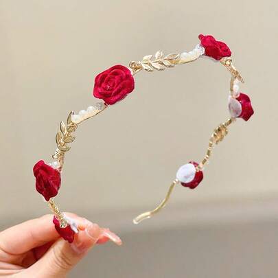 1 pièce Serre-tête avec rose séchée et fausse perle, accessoire de cheveux élégant de style vintage français