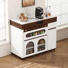 Kitchen Island With Wheels, Extendable Dining Table With Power Strips And Ribbed Glass, Sideboard With One Drawer, Serves As A Kitchen Island, Sideboard For Kitchen And Dining Room (White + Walnut) - White - View 4