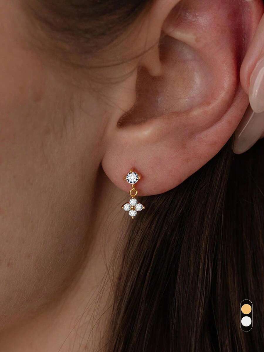 一对四叶草花朵耳钉，时尚奢华优雅风格，精致耳环，适合日常佩戴 - 彩色 - 查看 1