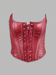 Apperloth A 酒红色性感束身胸衣上衣，PU皮革束腰露脐上衣，女士系带前金属孔眼系带露背紧身胸衣，适合情人节狂欢节 - 酒紅色 - 查看 1