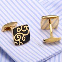 Creative Gold Pattern Cufflinks, Alloy Enamel French Style Cuff Links, Fashion Dress Shirt Jewelry Gift Box Set For Dad Husband Boyfriend Birthday Christmas - 金色 - 查看 4