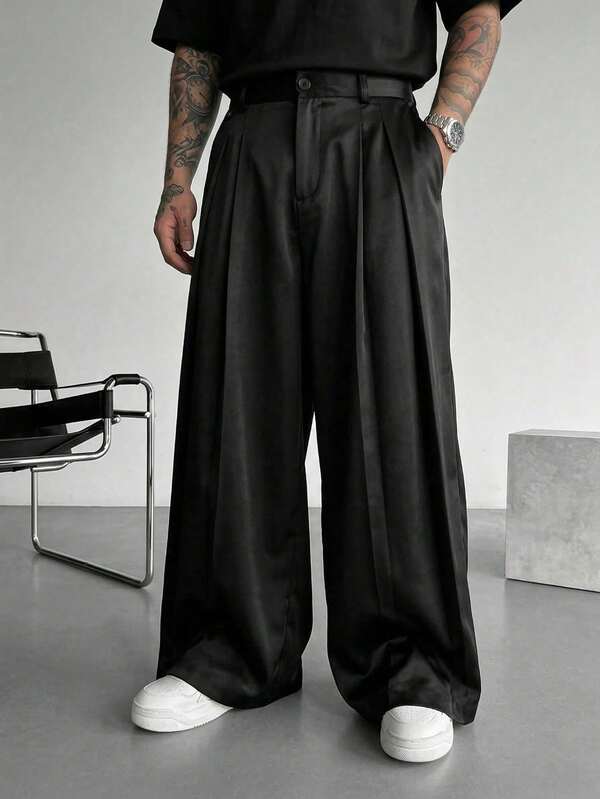 1 pieza Pantalones de traje de hombre estilo Blueprint, pantalones anchos de satén negro con caída, de cintura alta, de tela brillante y resistente a las arrugas, cómodos y suaves, lavables a máquina o en seco, estilo de caballero maduro, para uso casual, ir al trabajo, salir, citas