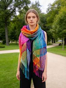 1 pieza Bufanda de cachemira con flecos de jacquard arcoíris para mujer, chal grande, para playa, vacaciones - Multicolor - Ver 1