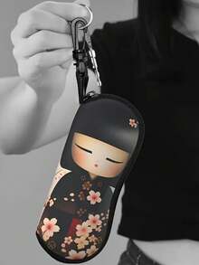 1个娃娃拉链眼镜盒，可爱日本女孩红色和服设计，氯丁橡胶防水眼镜袋，带钥匙扣，轻便便携旅行眼镜包，通用尺寸，适用于所有类型的眼镜 - 彩色 - 查看 3