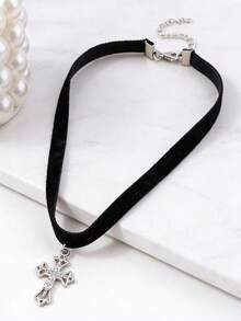 1 pieza Collar de cinta negra estilo gótico con colgante de cruz de rhinestone, adecuado para uso diario - Plateado - Ver 9