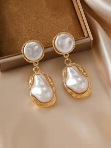 1对新款金色巴洛克仿珍珠几何耳环，不对称小众优雅时尚百搭耳环，日常佩戴的养殖珍珠耳环 - 幾何 - 查看 3