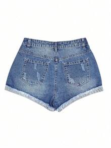 Women's Leopard Print Applique Washed Denim Shorts Casual Vacation Summer - Blue - View 6
