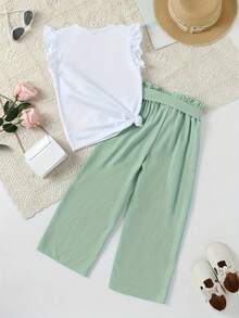 Girls Butterfly Print Short Sleeve Top And Bow Tie Long Pants Set - Green - View 2