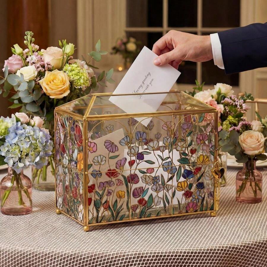 Hand Painted Floral Stained Glass Wedding Glass Card Box With Slot Wedding Envelope Holder Reception, Gold Card Box With Lock Decorative Shower Birthday Party Bridal Shower - 花卉圖案 + 10.43 x 5.9 x 8.46 英寸 - 查看 1