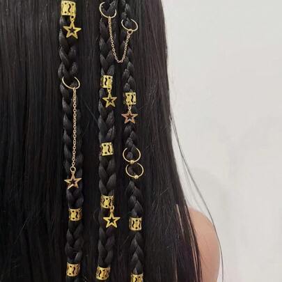 Bộ 30 món trang sức tóc hình ngôi sao phong cách Gothic - Kẹp tóc vàng có dây xích, hạt trang trí tết tóc cho các kiểu tóc lễ hội.