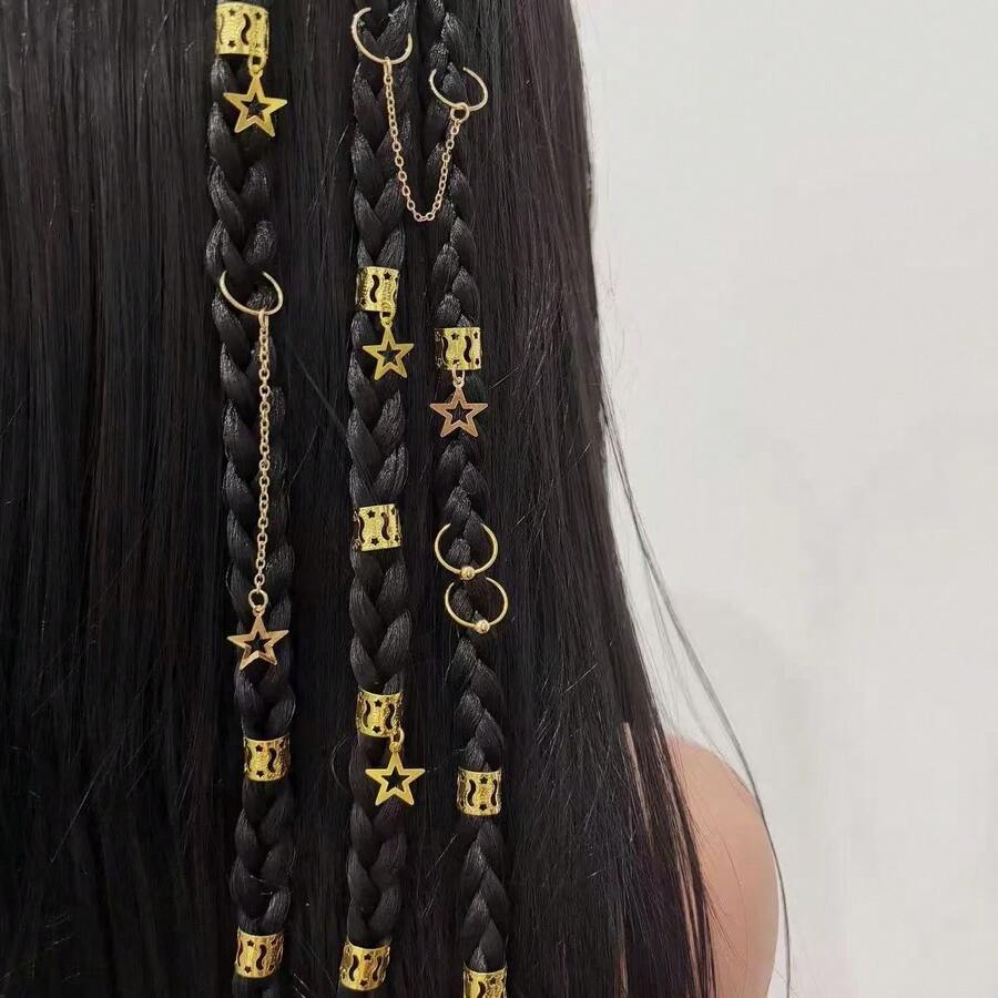 30件套哥特式星形发饰套装 - 金色发夹配链条、编织珠，适合节日发型 - 金色 - 查看 1