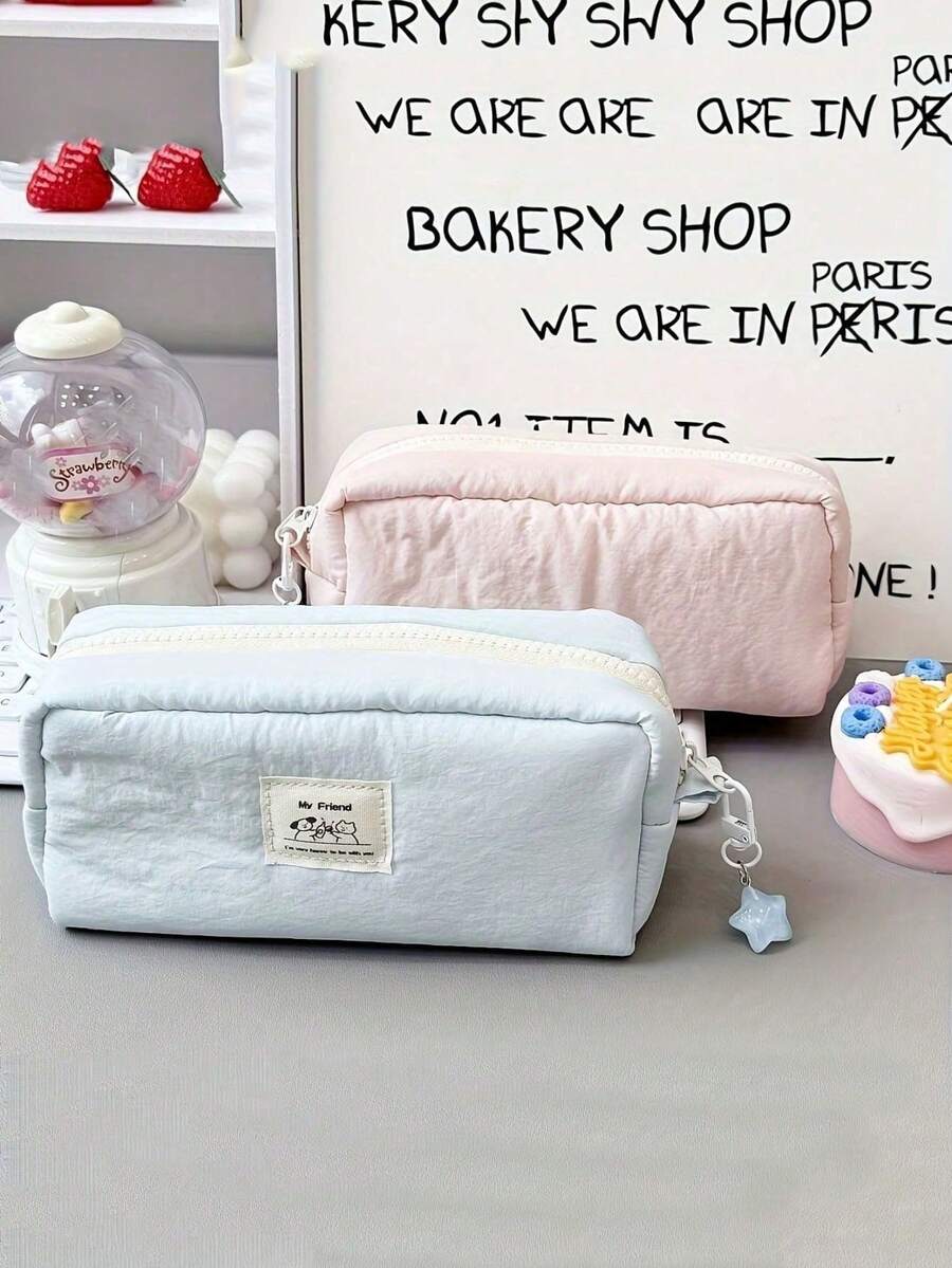 1个大容量简约铅笔盒 - 米色，学校和办公室收纳包，带笔槽和马克笔槽，耐用便携收纳袋，适合学生、教师、专业人士 - 兼容钢笔、铅笔、荧光笔