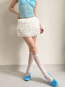 1 Pair Lace Flower Ruffle Socks, Mesh Hollow Mid-Calf Socks, Ballerina Style Socks For Women - White - View 1