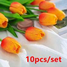10支装高级仿真花，逼真触感郁金香花束，适用于婚礼、房间、家居、酒店、派对、活动、情人节、新年礼物 - 橘色 - 查看 9