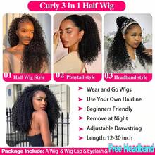 bling hair "Wear & Go" Flip-Over Wig With Drawstring – Glueless Real Hair Wig (Raw Hair) With Kinky Curls – Half Wig / Half-Head Wig – 200% Hair Density – Beginner Friendly - Natural Black - Xem 5