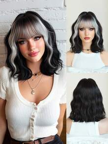 7JHH WIGS 女士短款波浪黑色波波头假发，带灰色刘海，12英寸短波浪卷发假发，自然合成发丝，耐热假发，适合日常角色扮演、音乐节派对等场合佩戴。 - 挑染灰色 - 查看 2