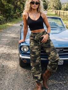 Women's Camouflage Cargo Pants With Pockets Wide Leg Drawstring Elastic Waist Trousers Streetwear - 軍綠色 - 查看 5