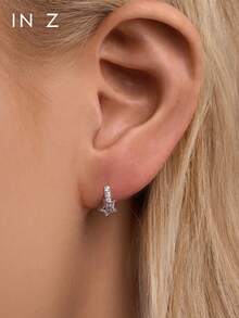 IN Z 1pc Elegant 925 Sterling Silver Hollow Five-Pointed Star Cubic Zirconia Hoop Earrings, Minimalist Design Suitable For Girls And Women For Daily Wear And Parties - Multicolor - View 7