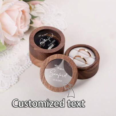 1 Piece Of Personalized Walnut Ring Box, With A Transparent Acrylic Protective Cover, Round Wedding Ring Box, Ring Box With Two Recesses