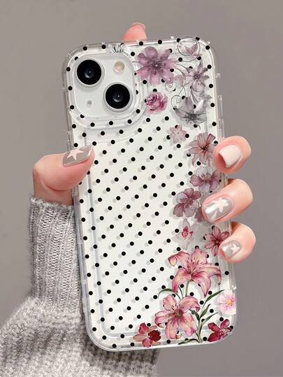 1个简约花卉波点图案透明TPU气囊减震手机壳，兼容 16/16Pro/16Plus/15/15ProMax/15Pro/11/12/13/14ProMax/12Mini/13Mini/11Pro/11ProMax/12Pro/12ProMax/13Pro/13ProMax/14Pro/14ProMax，优雅软壳
