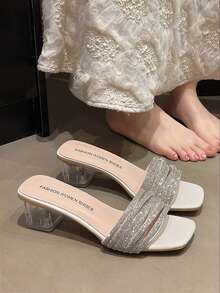 Women's Crystal Heel Wedge Toe Ring Sandals, Fashion Transparent Chunky Heel Beach Vacation Slippers - Beige - View 2