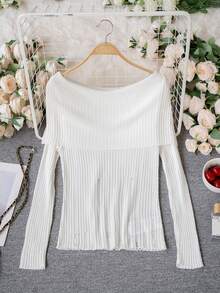 女士夏季露肩Y2K复古风长袖修身抓绒针织衫，优雅休闲甜美简约性感破东风纹理针织上衣，适合日常休闲、约会、周末聚会、返校季、街头时尚百搭上衣 - 杏色 - 查看 9