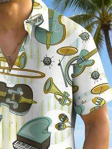 Vivid Jazz Instrument Pattern Symbolizing Rhythm Freedom And Artistic Energy With Guitars Drums Pianos And Trumpets Reflecting The Spirit Of Music 3D Print Men's Casual Short Sleeve Shirt Beach Style - trắng - Xem 3